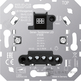 Механизм двухклавишного светорегулятора (диммера) 20-210 Вт/ВА, для LED 3-50 Вт
A VIVA,  A creation,  A 550,  A flow,  AS 500,  CD 500,  CD plus,  LS 990,  LS plus,  LS ZERO,  LS-design,  SL 500,  клавишный,  с возможностью управления с 2-х мест,  лампы накаливания и галогенные 220В (R),  лампы с индукционным (обмоточным) трансформ.(L),  лампы с электронным (емкостным) трансформ.(C),  диммируемые лампы LED 220В (LEDi тип L),  диммируемые лампы LED 220В (LEDi тип C),  1712DE,  1712 DE,  JUNG
 - PULSAL.RU