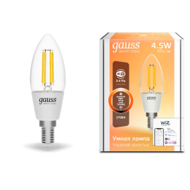 Лампа Gauss Smart Home Filament С35 4,5W 495lm 2700К E14 диммируемая LED 1/10/40
филаментная
Smart Light,   цоколь - E14,   мощность - 4.5Вт,   световой поток - 495Лм,   цветовая температура - 2700К,  диммируется,  1230112,  Gauss - PULSAL.RU