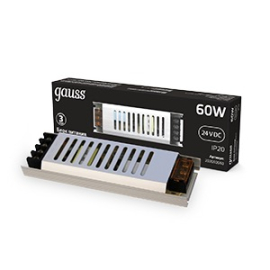 Блок питания ультратонкий
Gauss,  не диммируется,   выходная мощность - 60Вт,   выходное напряжение max - 24В,   корпус  - тонкий