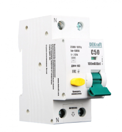 Автомат дифференциального тока ДИФ-103 ДИФ-103, 1+N полюс, 50А, C, 6 кА,  тип - A, 100 мА, 16235DEK, Dekraft - PULSAL.RU